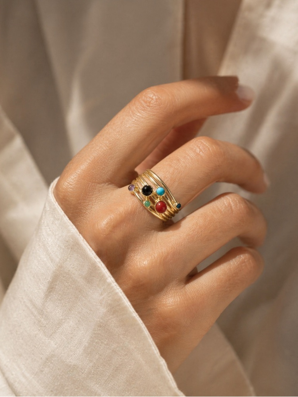 Gold Multi Band Ring with Colorfuls Stones - Picture 2 of 2